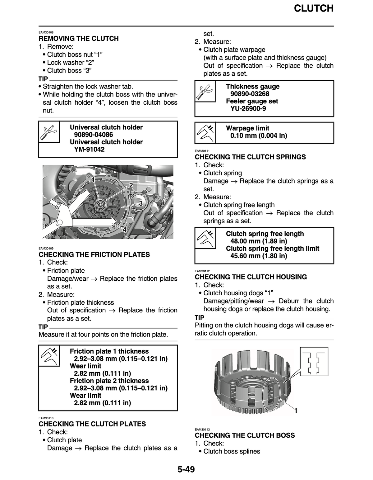 A printed instruction sheet with tables and bullet points for the clutch, including removal, checking friction plates, springs, housing, and a clutch boss, with part numbers and measurements.