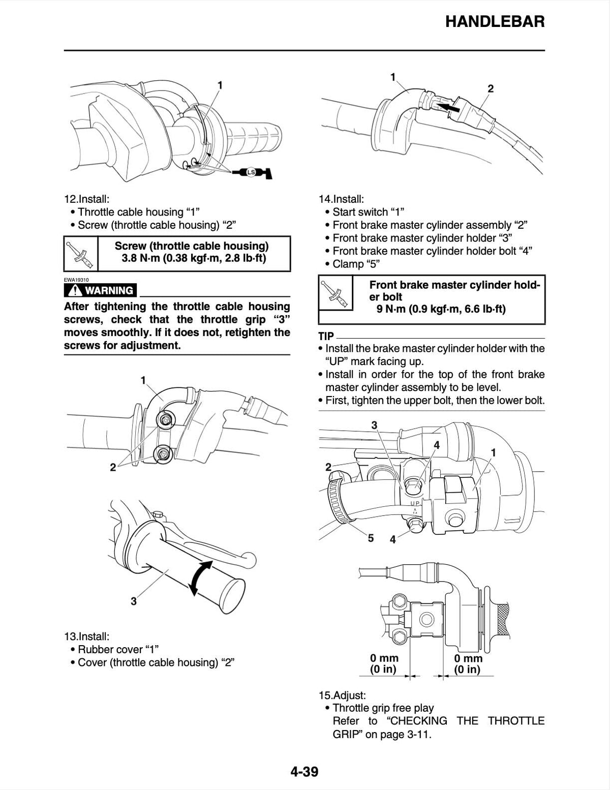 A printed installation manual page for a handlebar component, showing numbered assembly diagrams with photos of hardware and text instructions for installing a throttle cable, master cylinder holder bolt, and related parts.