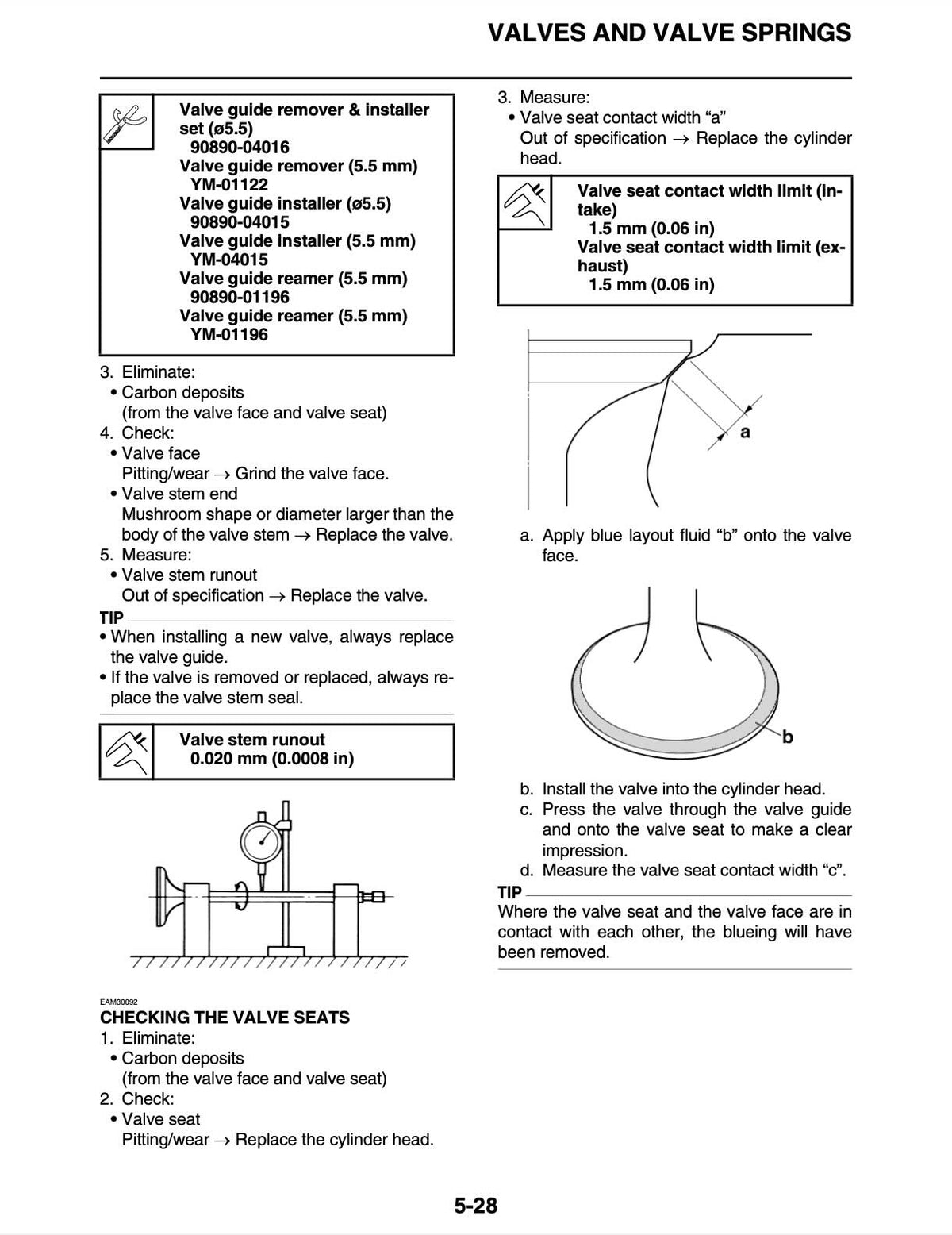A page from a valve and valve stem guide manual showing installation and measurement instructions for cylinder head gaskets, valve guides, and valve stem runouts, with diagrams, arrows, and tables on a white background.