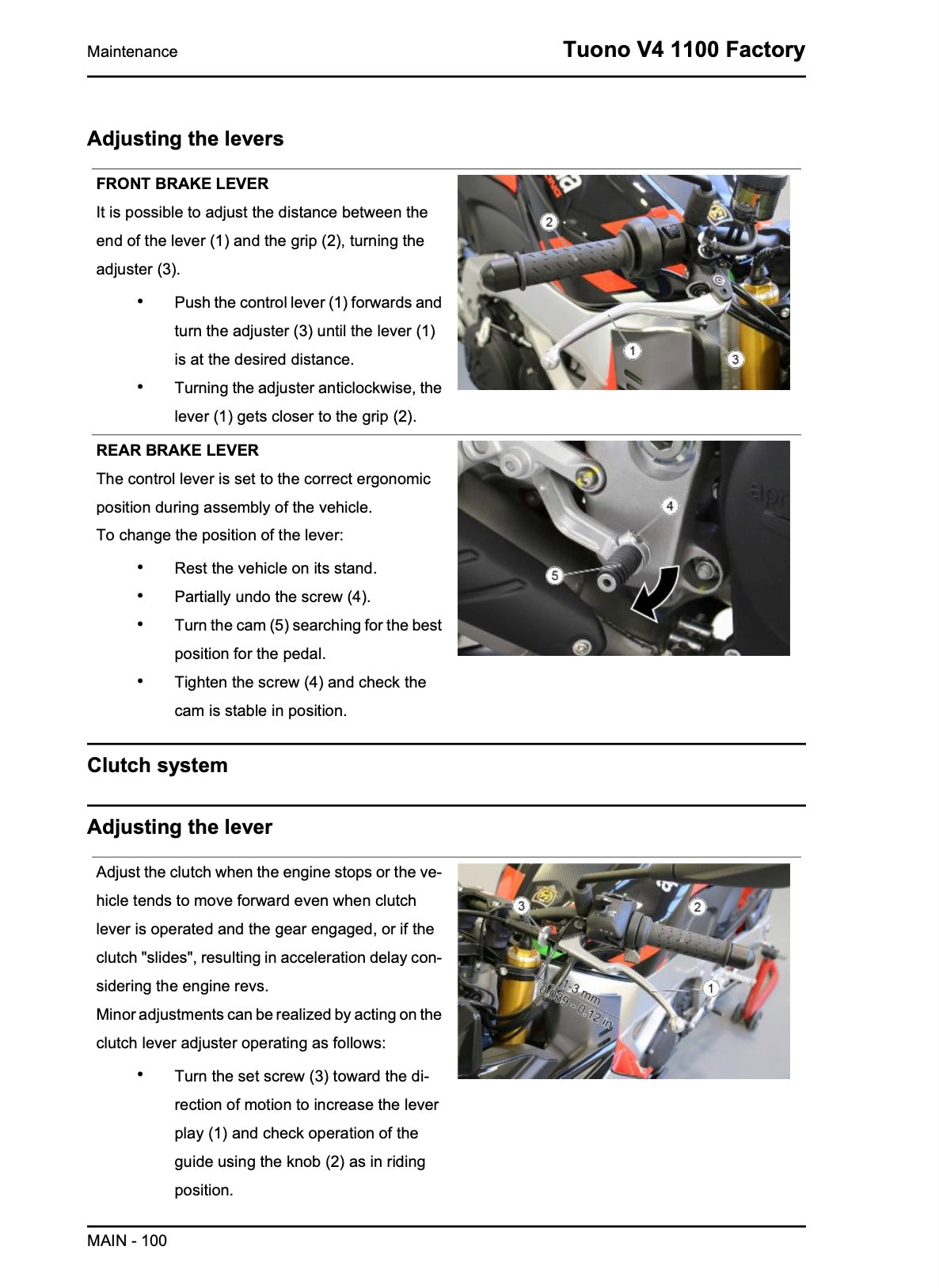 A printed page from a manual with the title 'Tuono V4 1100 Factory' and the heading 'Maintenance'. The page contains instructional text for adjusting front and rear brake levers and the clutch lever, with small photos of a red motorcycle and close-up parts diagrams.