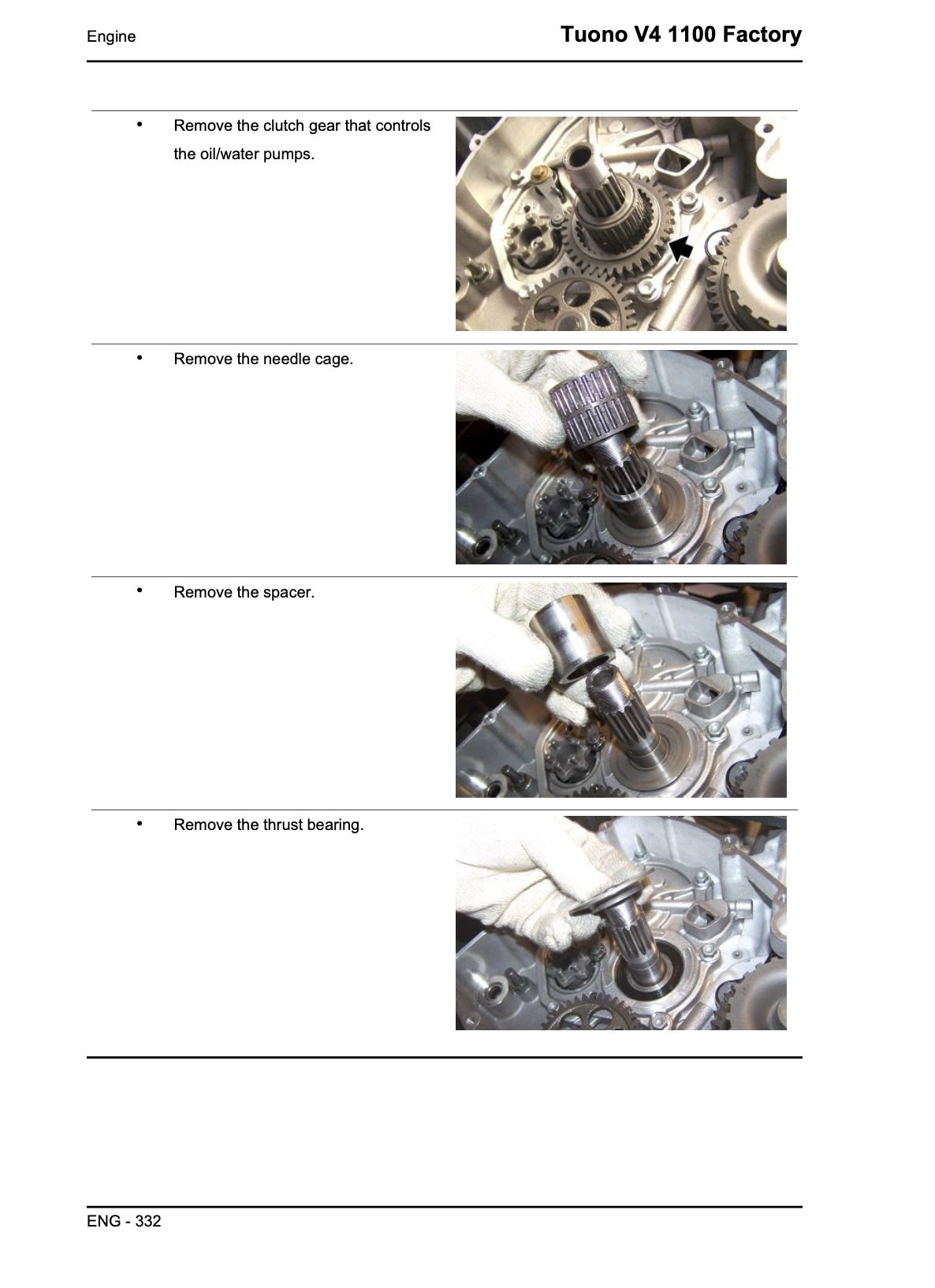 A page from an engine service manual for a Tuono V4 1100 Factory, showing four instructional photos with text labels for removing clutch gear, needle cage, spacer, and thrust bearing.