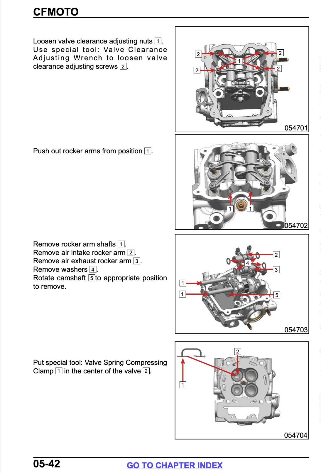 A page from a CFMOTO manual showing how to loosen and remove valve clearance adjusting nuts and rocker arms, with labeled diagrams and numbered callouts on a white background.