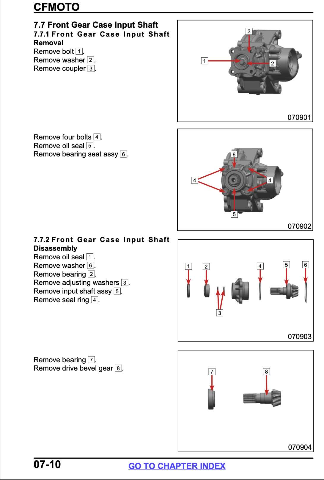 A technical service manual page for a front gear case input shaft, showing removal and disassembly procedures with labeled diagrams and part numbers on a white background.