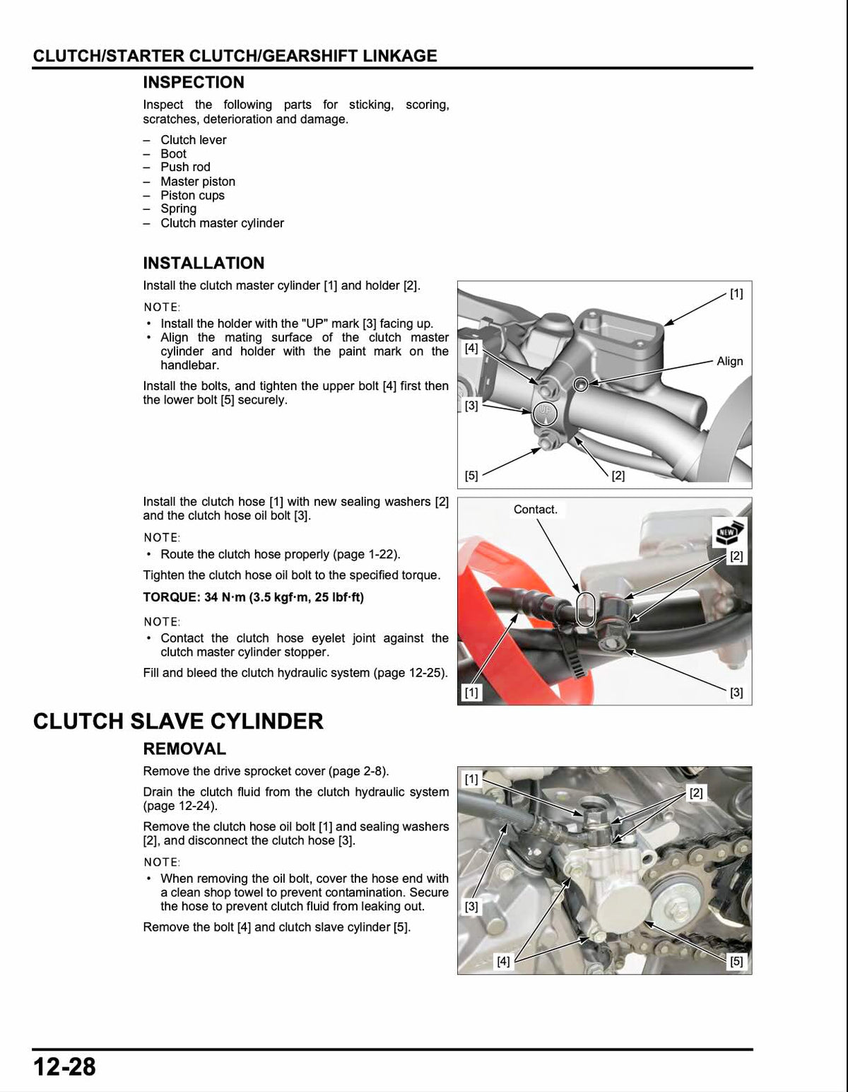 A technical service manual page for a clutch starter clutch/gearshift linkage, showing inspection and installation instructions alongside labeled diagrams of the clutch master cylinder, slave cylinder, and hose connections.