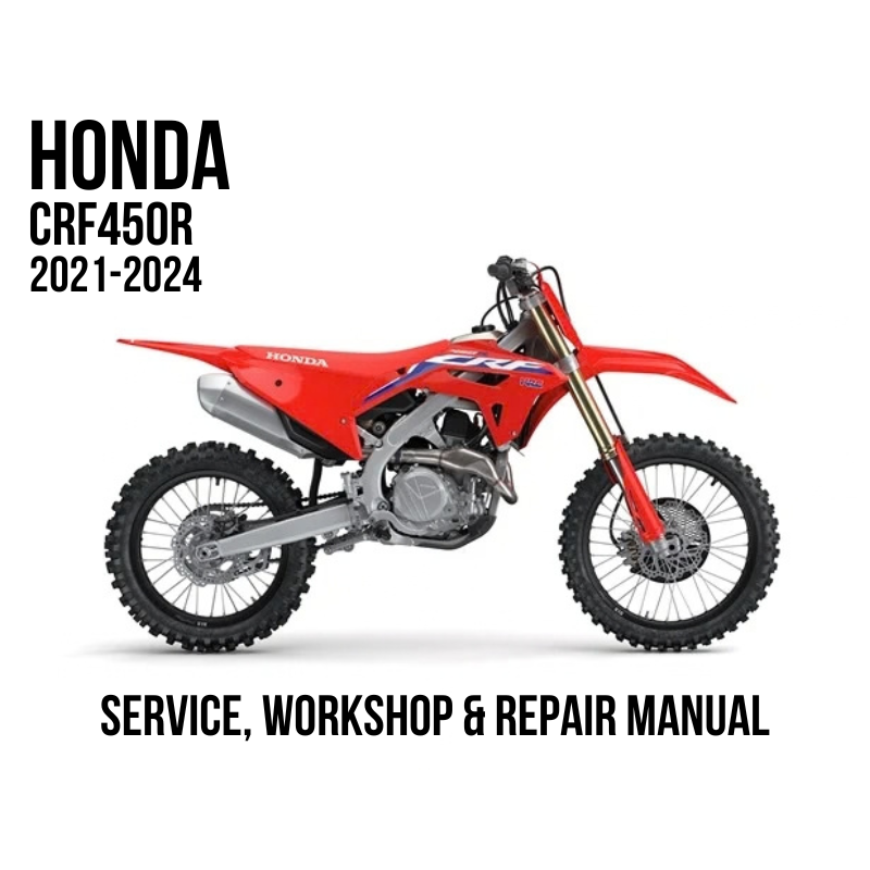 Red Honda CRF450R dirt bike shown in side profile on a white background, with text reading 'HONDA CRF450R 2021-2024' and 'SERVICE, WORKSHOP & REPAIR MANUAL'.