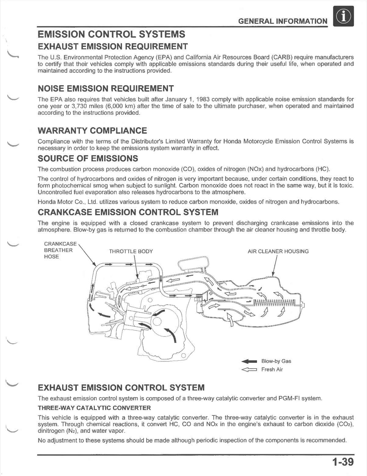 A black and white technical specification sheet detailing the Honda Exhaust Control Systems, including emission requirements, noise emission requirements, warranty compliance, source of emissions, and a breakdown diagram of the exhaust system components.