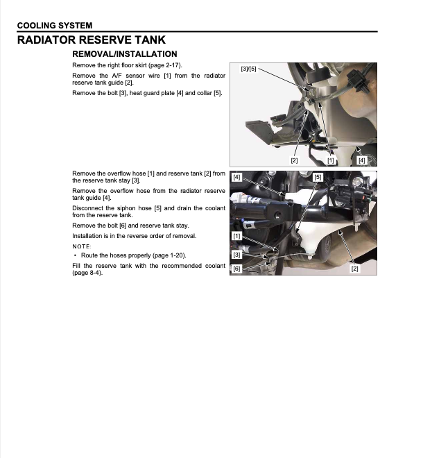 A technical service manual page for a cooling system radiator reserve tank removal and installation, featuring numbered diagrams of the engine components and step-by-step instructions.