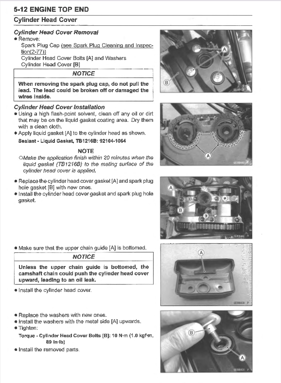 A technical service manual page for a 5-12 engine top end cylinder head cover, showing removal and installation procedures with labeled diagrams, notes, and torque values.