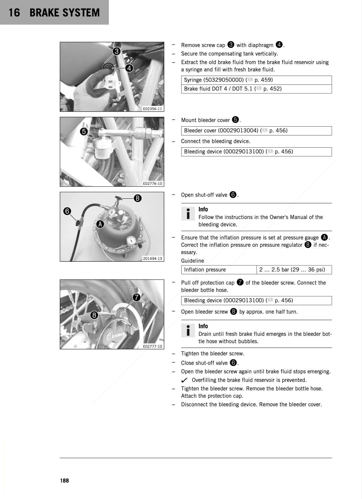 KTM 1290 Super Adventure R service manual page 188 brake system bleeding procedure showing brake fluid reservoir, syringe extraction, bleeder cover, bleeder screw location, pressure gauge inflation settings, and brake hose bleeding device connection