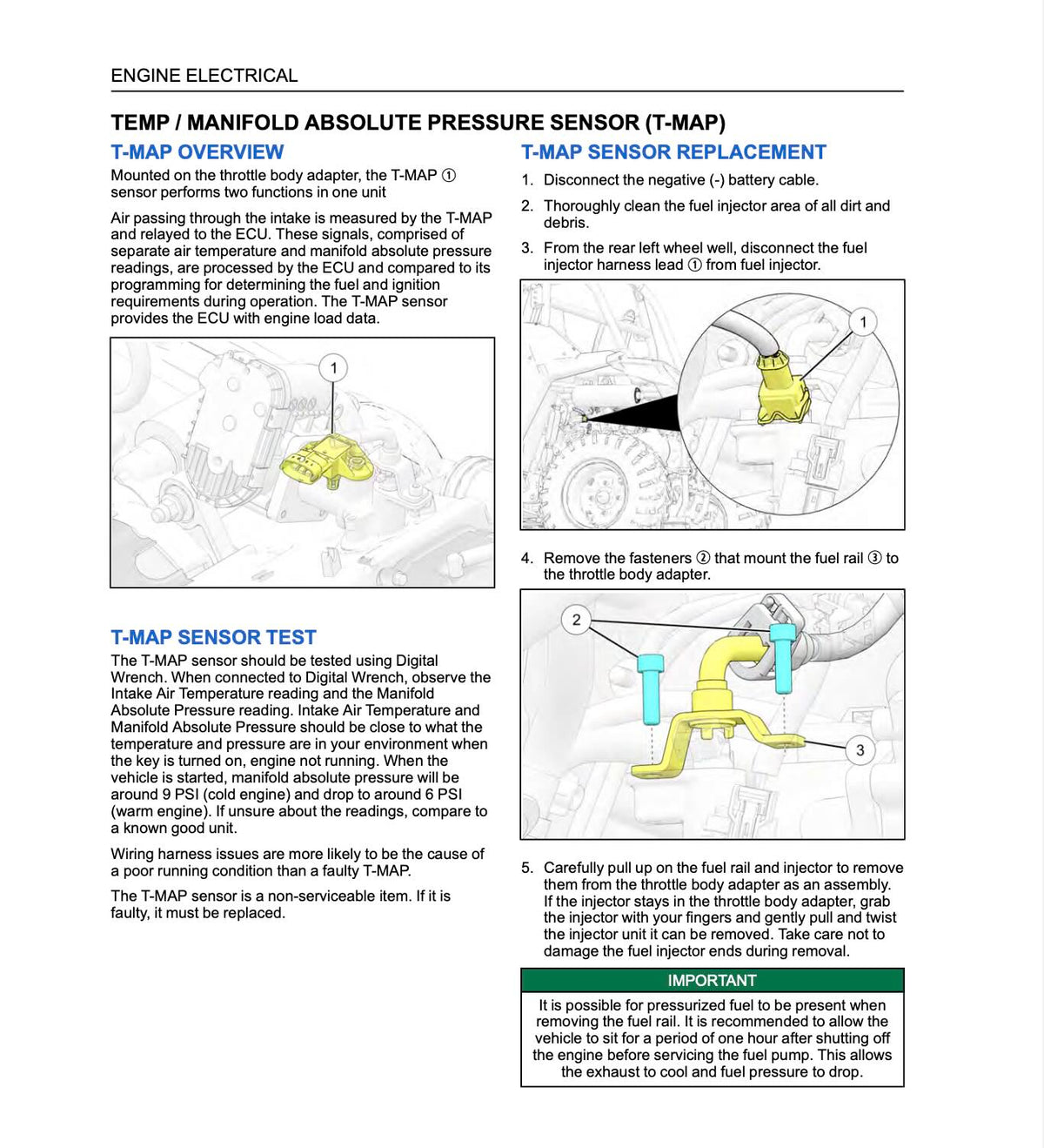 Polaris RZR 200 service manual page showing T-MAP sensor location and replacement diagrams