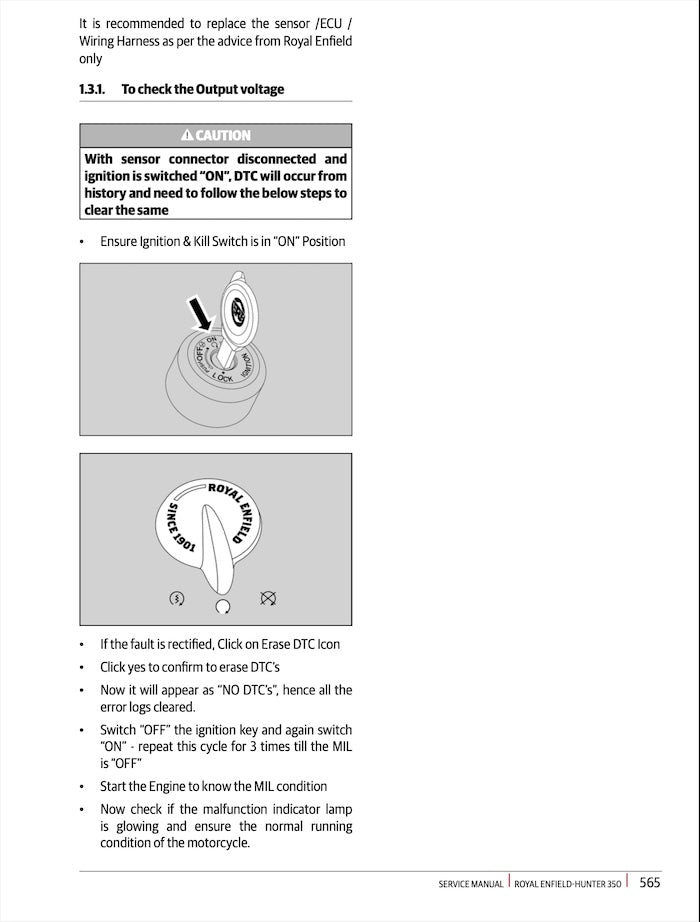 A page from a motorcycle service manual showing instructions and diagrams for checking the output voltage of a sensor ECU or wiring harness. The page includes a caution box, two black-and-white technical diagrams, and bullet points with steps, on a white background.