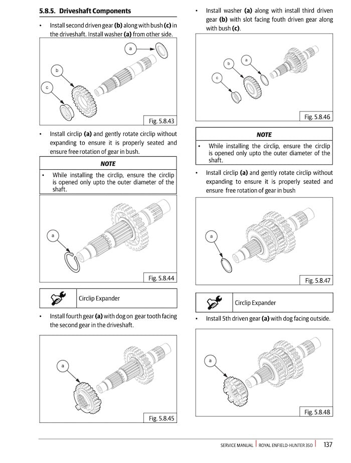 A printed installation manual page with text, notes, and multiple line drawings showing how to install drive shaft components, circlips, and washers on a shaft. The page includes labeled figures and step-by-step installation guidance.