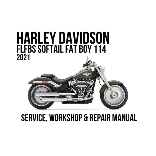 Harley-Davidson FLFBS Softail Fat Boy 114 2021 service, workshop, and repair manual cover graphic on a white background, featuring a side view of the motorcycle with bold black text.