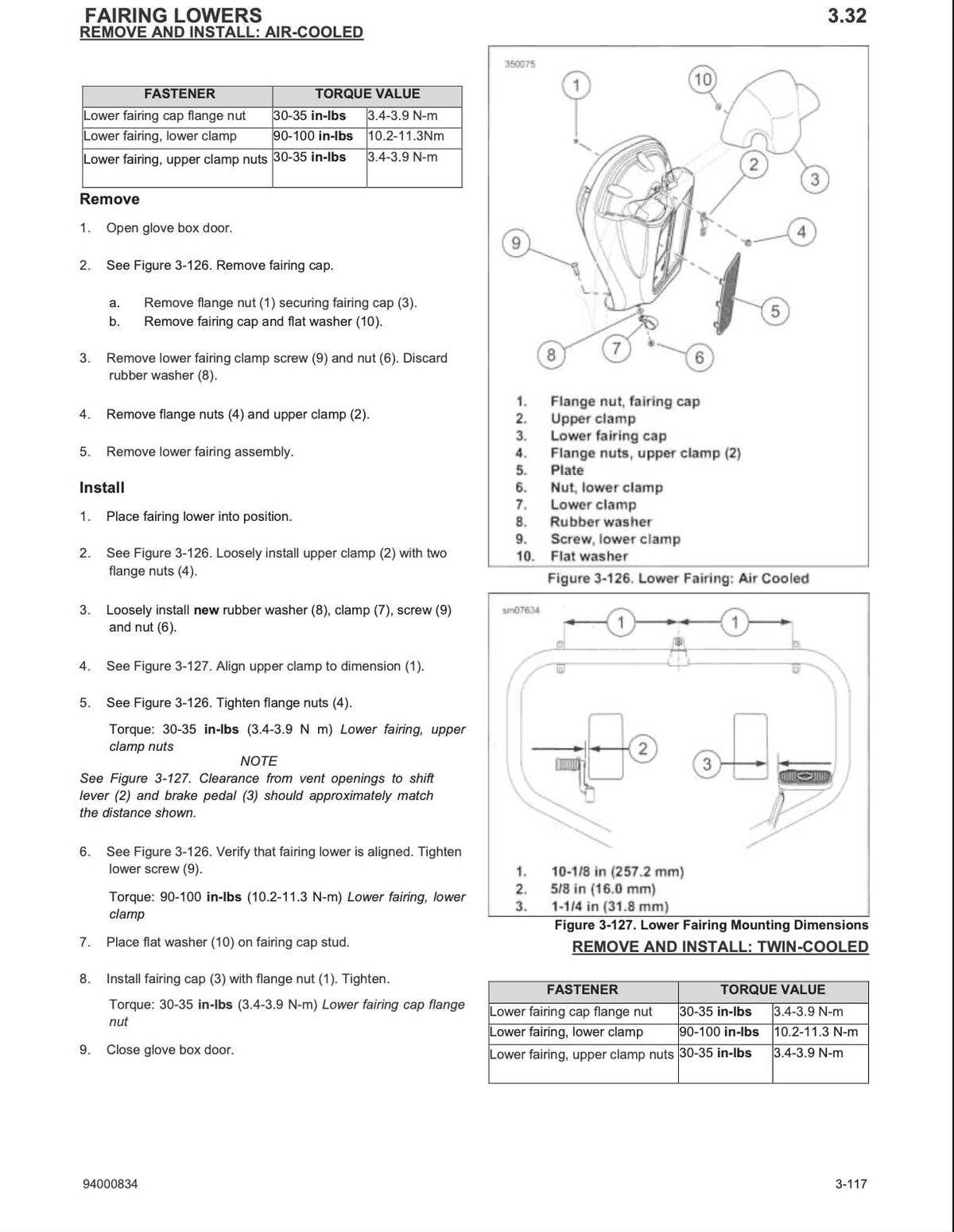 Harley-Davidson Freewheeler Trike service manual page 3-117 lower fairing removal and installation for air-cooled models, fairing cap flange nut and clamp assembly diagram, mounting dimension specifications, torque values 30-35 ft-lbs and 90-100 ft-lbs