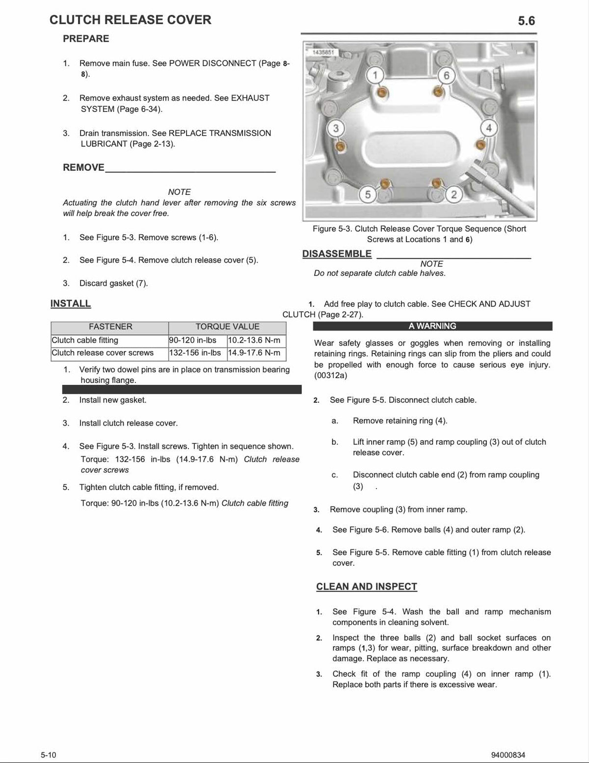 Harley-Davidson service manual page 5-10 clutch release cover removal and installation procedures, torque sequence diagram showing screw locations, clutch cable fitting adjustment, ball and ramp mechanism disassembly, gasket replacement with torque specifications 132-156 in-lbs