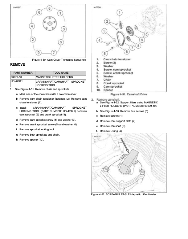 A technical service manual page showing assembly and removal diagrams for a crankshaft/camshaft sprocket and chain tensioner, with numbered callouts, part number HM10, and labeled figures on a white background.