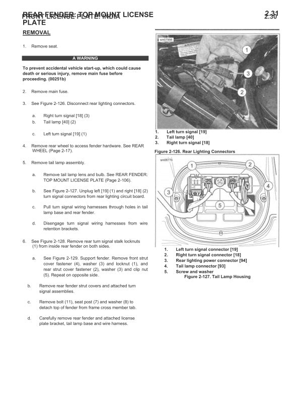 Technical manual page with instructions on removing a license plate mount, including diagrams and text.