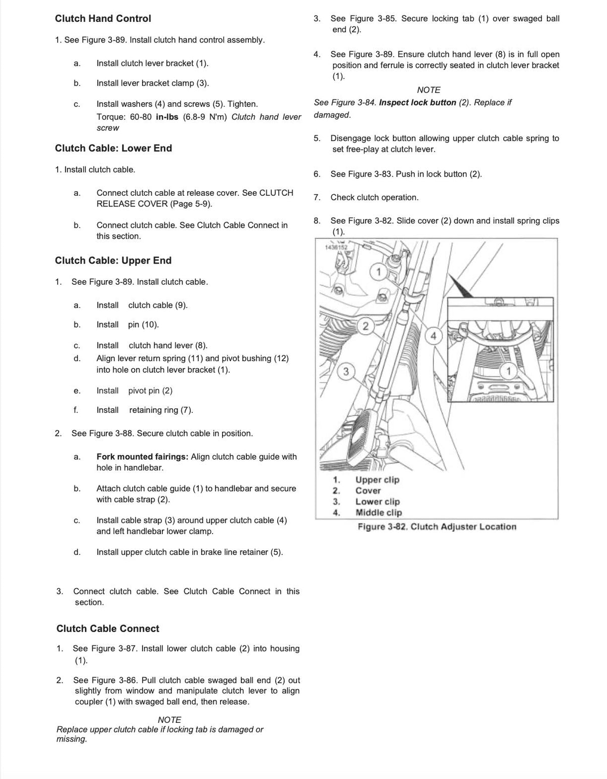 Instruction manual page showing technical diagrams and step-by-step instructions for installing and connecting an clutch handle and clutch cable, with labeled parts and numbered steps on a white background.