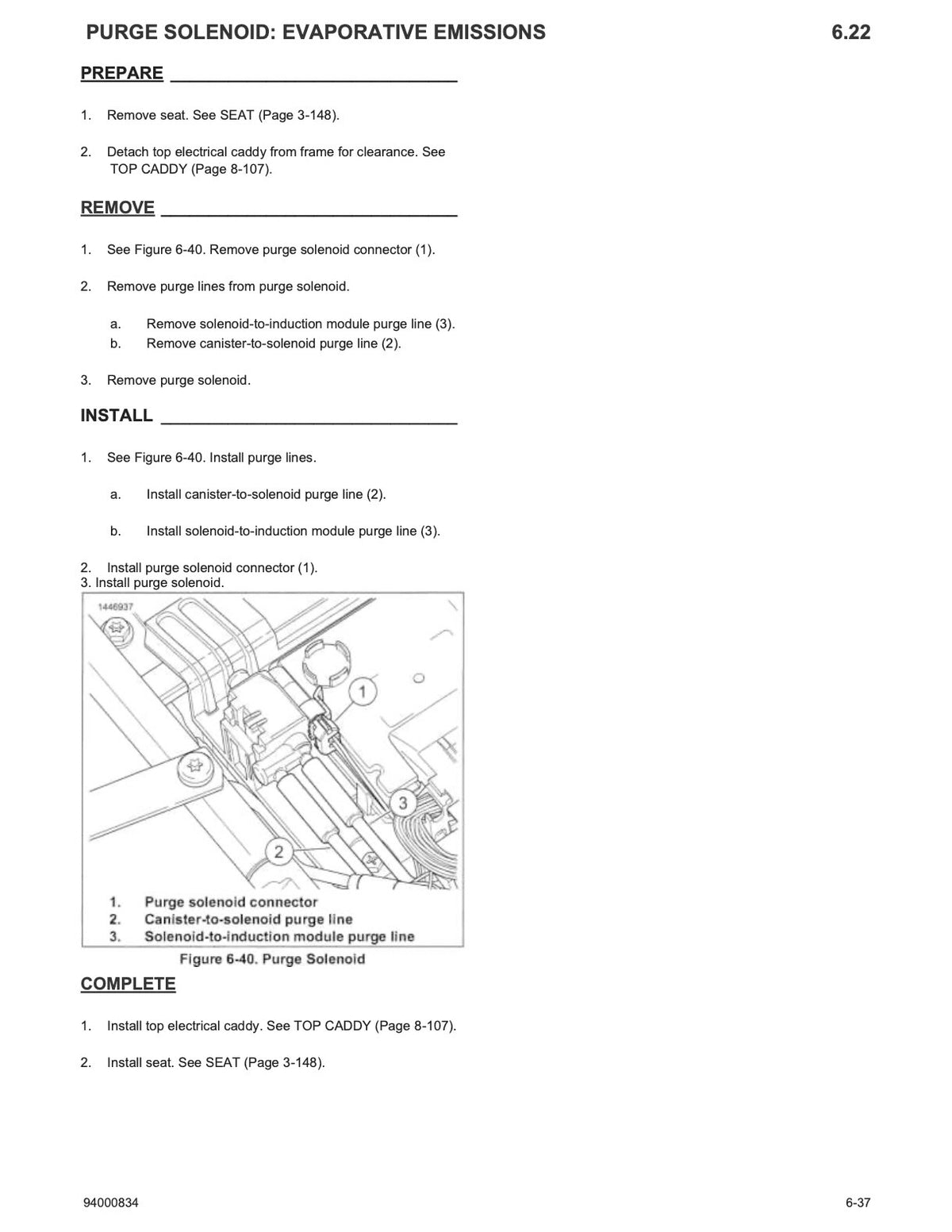 A black-and-white technical service manual page with text instructions and a small line drawing showing how to remove and install a purge solenoid connector on an automotive evaporative emission system.