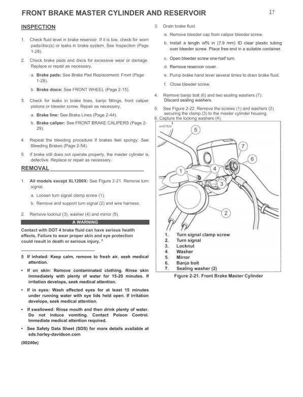 Technical diagram and instructions for front brake master cylinder and reservoir inspection and removal on a vehicle.