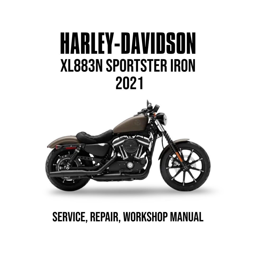 Harley-Davidson XL883N Sportster Iron 2021 service, repair, and workshop manual cover with motorcycle on white background.