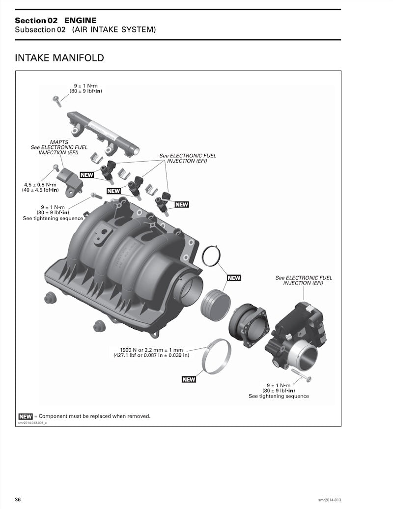 A technical exploded-view diagram page from a service manual showing the intake manifold assembly for an engine. The page includes labeled parts, dimensions, and notes on a white background.