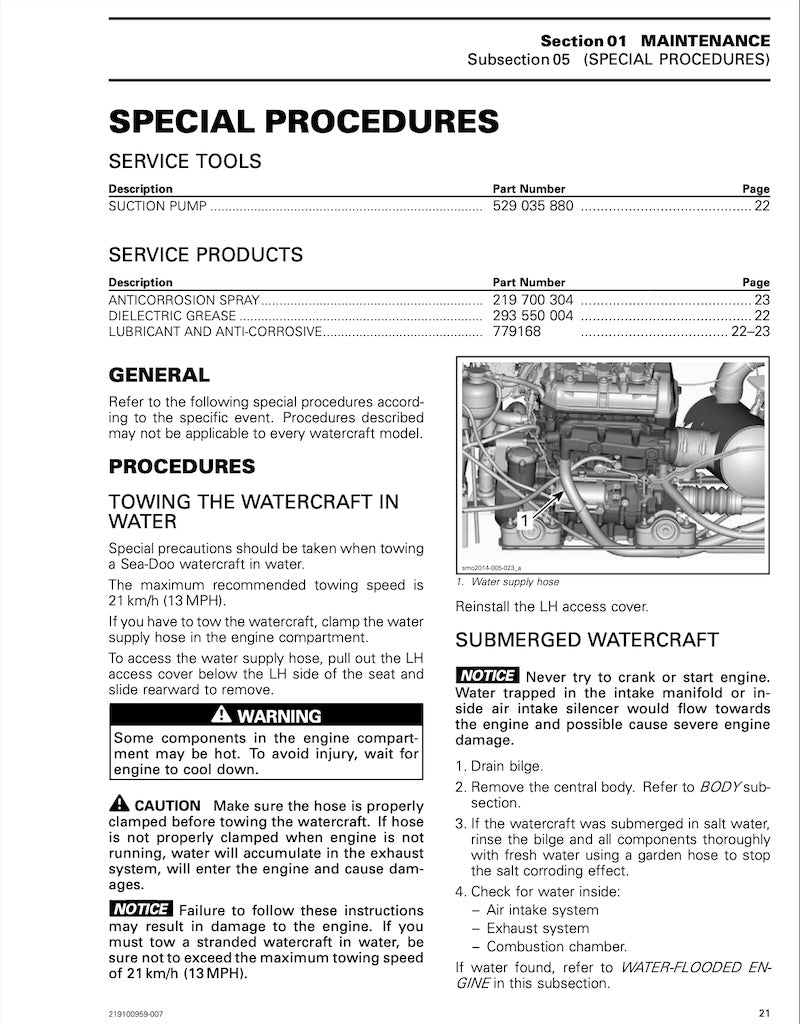A scanned page from a marine service manual with text sections titled 'SPECIAL PROCEDURES' and 'SERVICE PRODUCTS,' plus a small technical diagram and a warning notice.