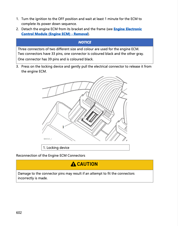 A page from an automotive service manual showing instructions and diagrams for reconnecting the engine ECM connectors. The page includes numbered steps, a notice section with connector details, a line drawing of the connector area, a connector locking device, and a caution box.