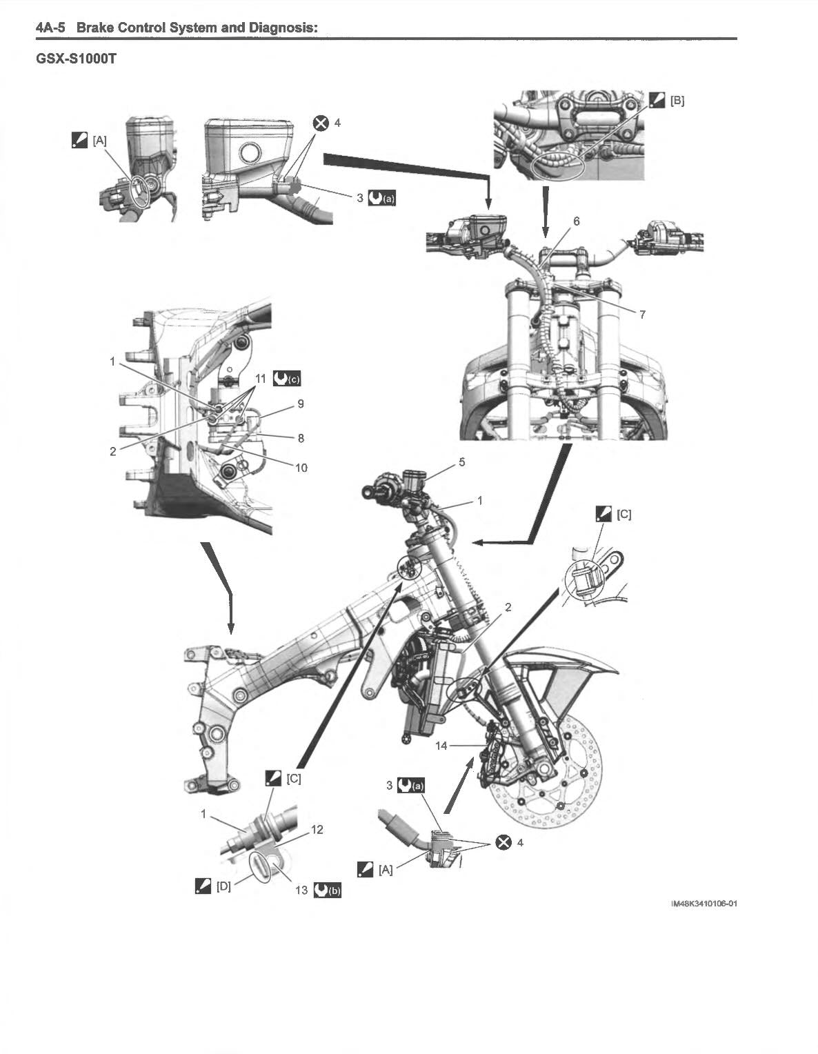 Suzuki GSX-S1000 service manual page with brake control system schematic showing master cylinder, lines and caliper components