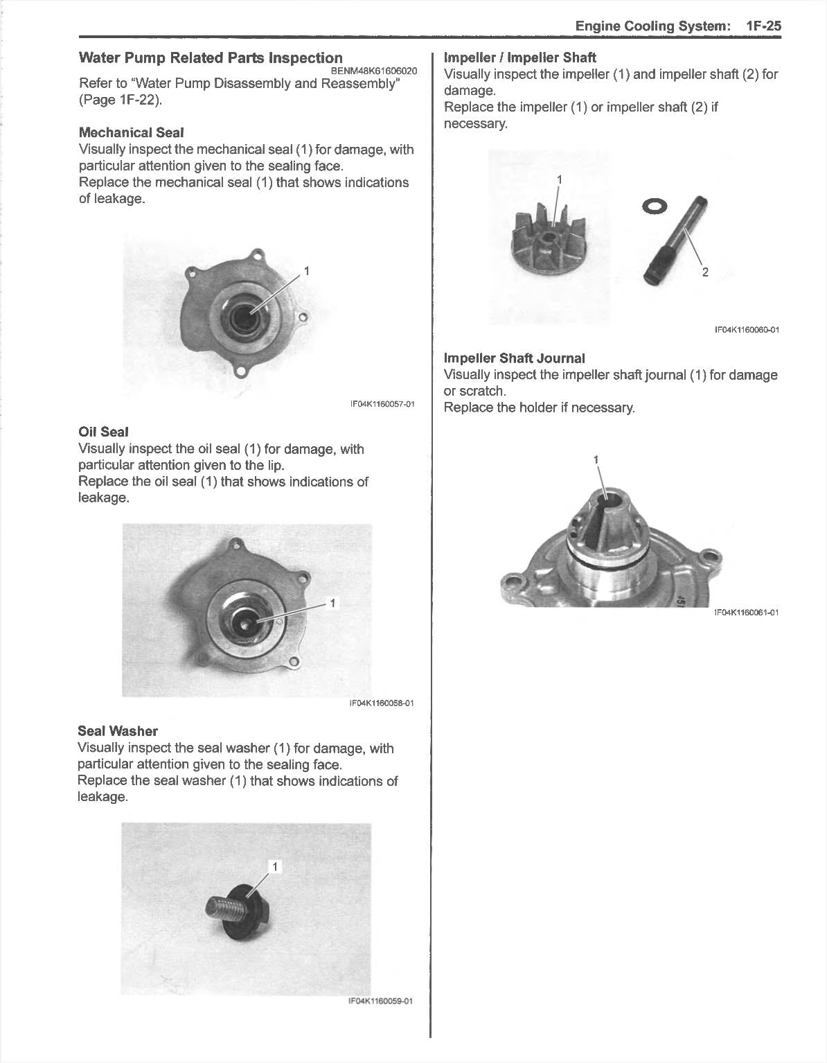 Suzuki GSX-S1000 service manual page with water pump mechanical seal, oil seal and impeller inspection photos