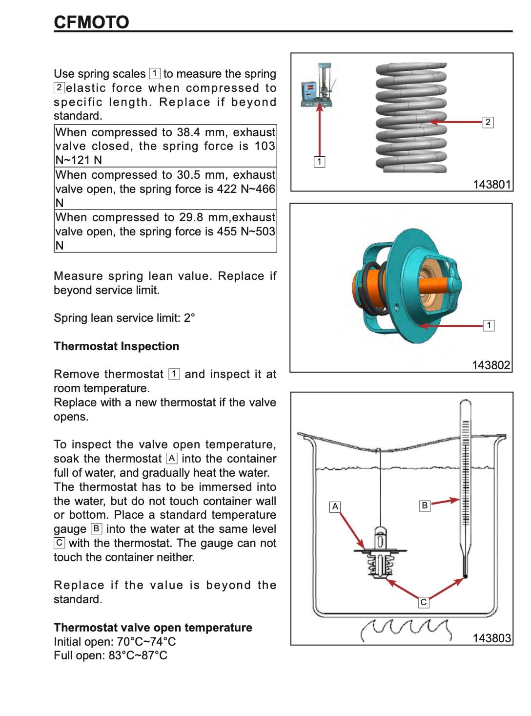A technical service manual page for CFMOTO air condition diagnostics, featuring text instructions for measuring spring force and inspecting the thermostat, alongside labeled schematic diagrams of the AC system with arrows and callouts.