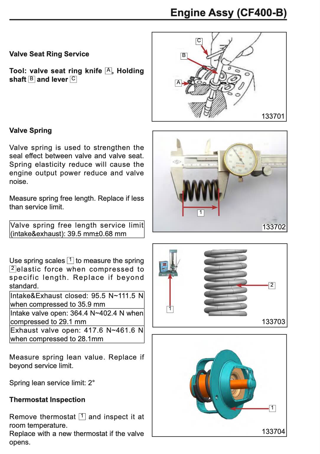 A technical service manual page for a CF4-000 Engine Assy, detailing procedures for Valve Seat Ring Service, Valve Spring, and Thermostat Inspection with diagrams, part numbers, and torque specifications.