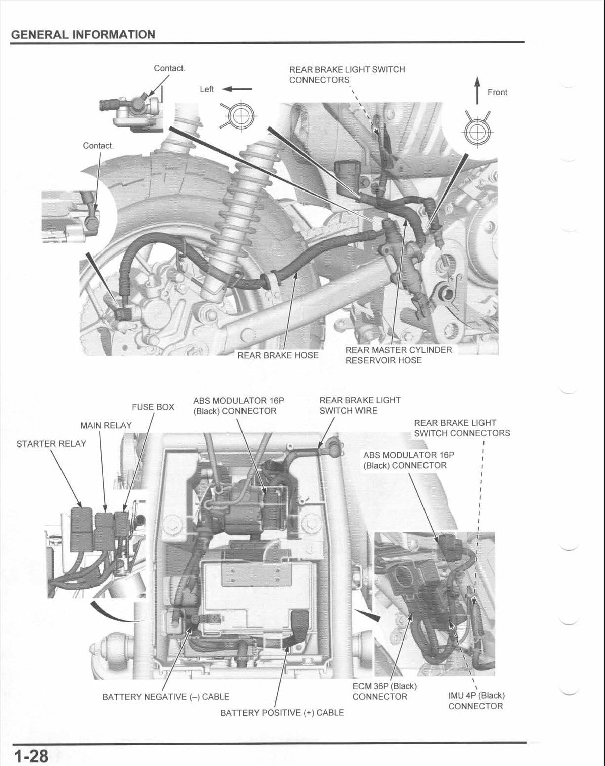 A black and white technical schematic diagram showing the rear brake light switch connectors on a vehicle's engine bay, with labeled callouts and arrows pointing to components.