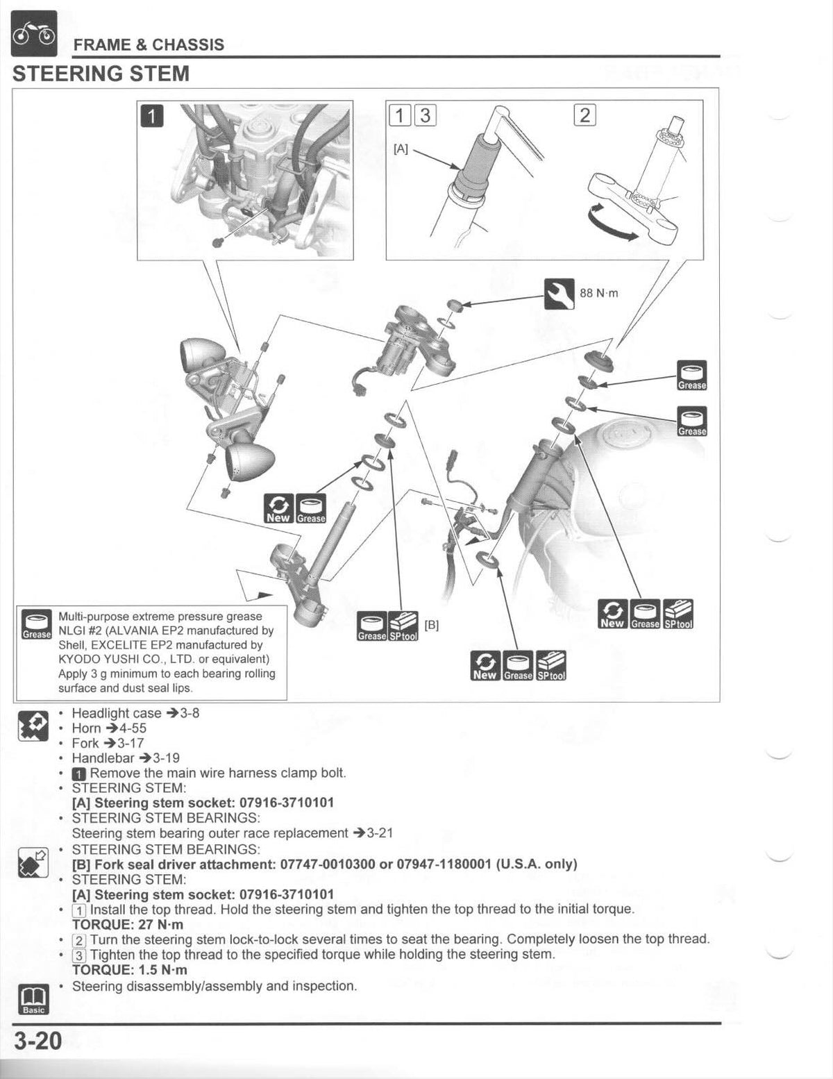A technical instruction diagram for replacing a steering stem on a vehicle, showing labeled parts, numbered steps, and assembly sequence on a white background.