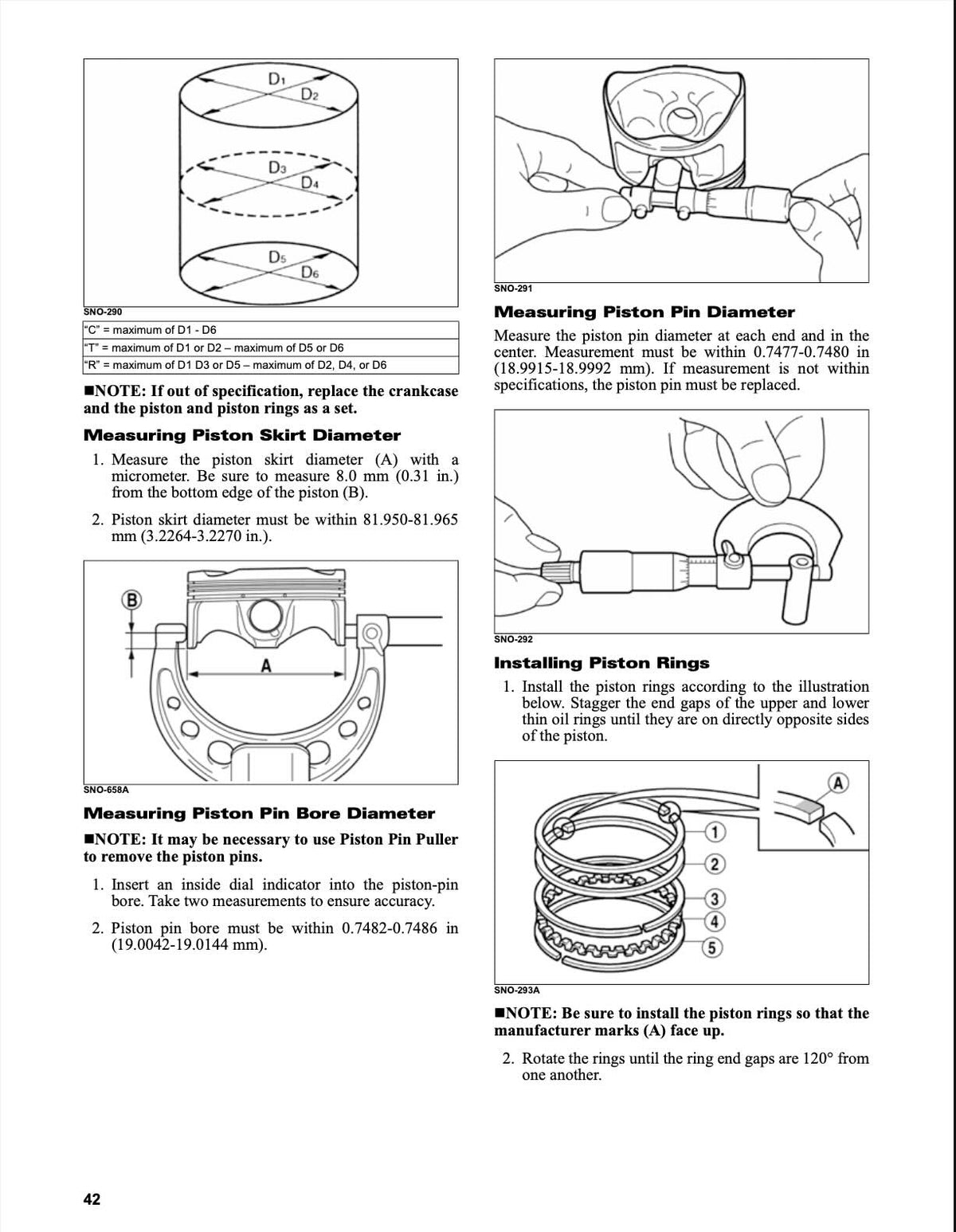 Arctic Cat ThunderCat ZR 9000 service manual page 42 with piston skirt, pin diameter measurement, and piston ring installation diagrams