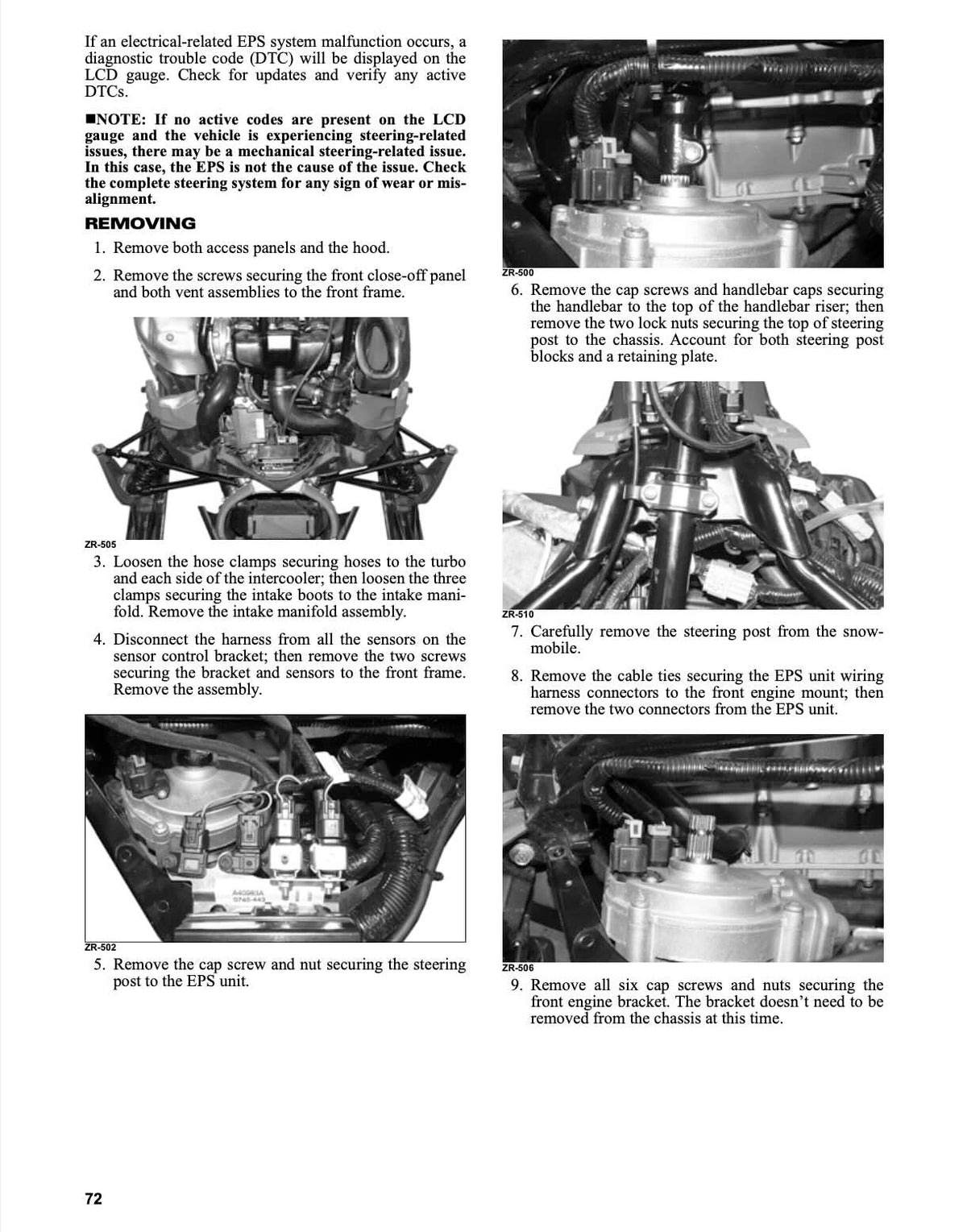 Arctic Cat ThunderCat ZR 9000 service manual page 72 with steering post and EPS unit removal photos