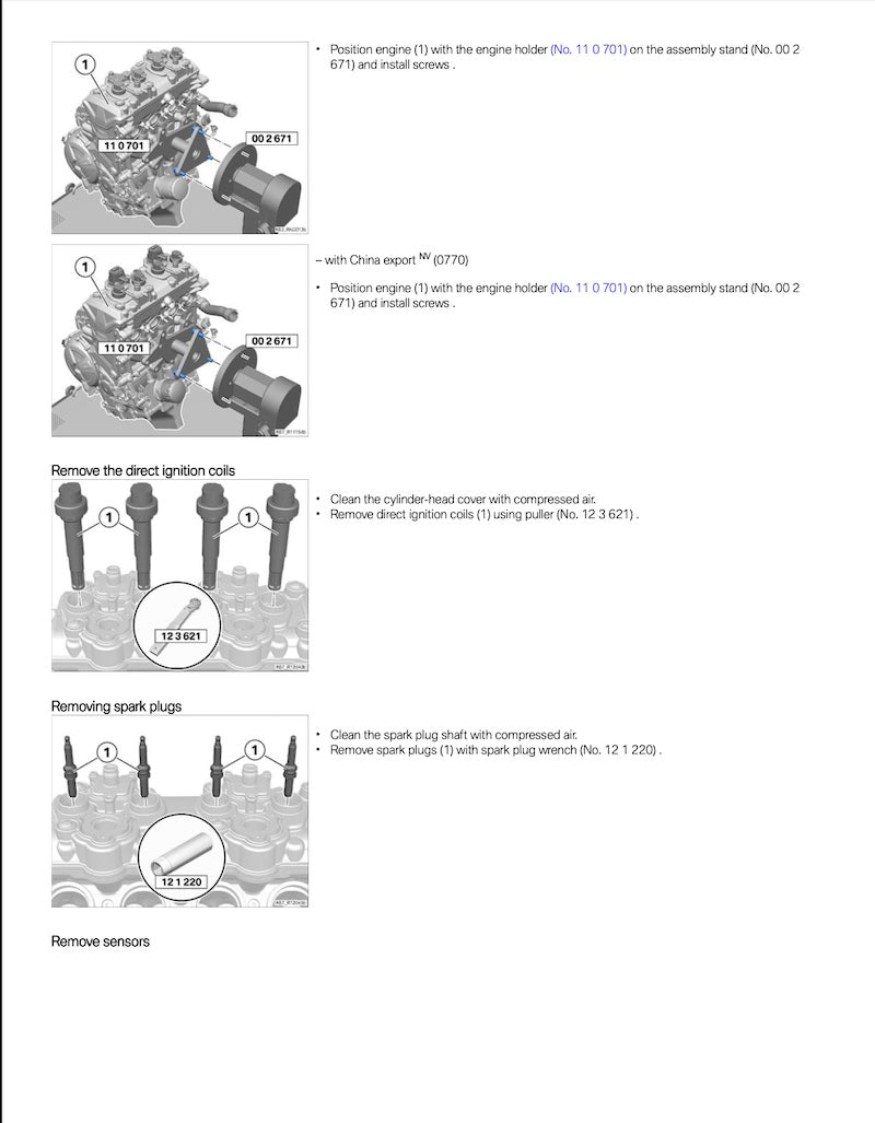 A technical instruction sheet showing three labeled steps with exploded-view diagrams of an engine component, including notes about position engine parts, China export reference numbers, and removal procedures for direct ignition coils, spark plugs, and sensors.