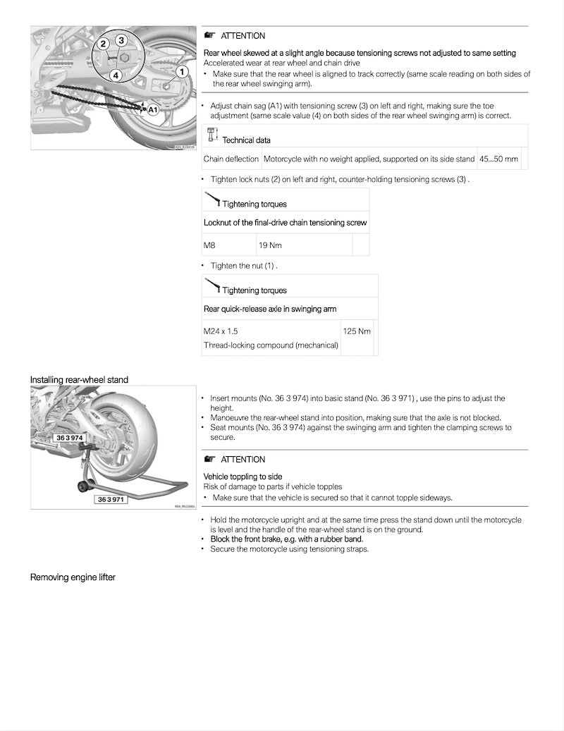 A technical service manual page with diagrams and text instructions for adjusting rear wheel tensioning on a motorcycle, including labeled cross-section drawings and torque values.