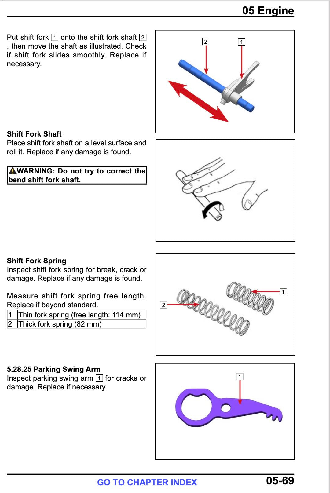 CFMOTO CFORCE service manual page 05-69 with shift fork shaft inspection diagrams and spring free length specs