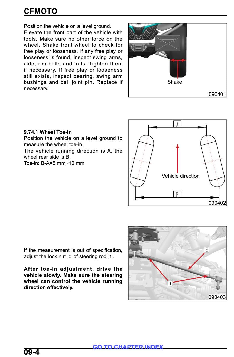 CFMOTO CFORCE service manual page 09-4 with front wheel free play check and toe-in measurement diagrams