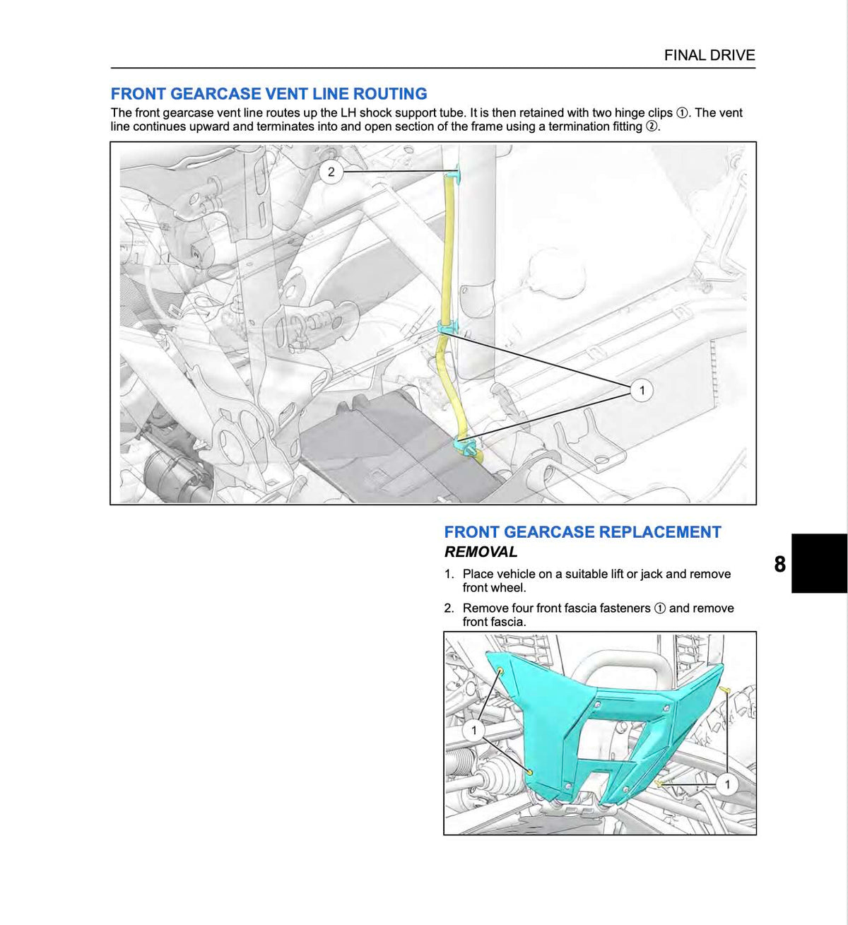 Polaris RZR Pro R service manual page with front gearcase vent line routing diagram and front fascia removal steps