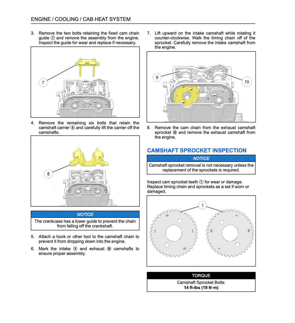 Polaris Ranger SP 570 service manual page showing camshaft carrier removal and camshaft sprocket inspection diagrams