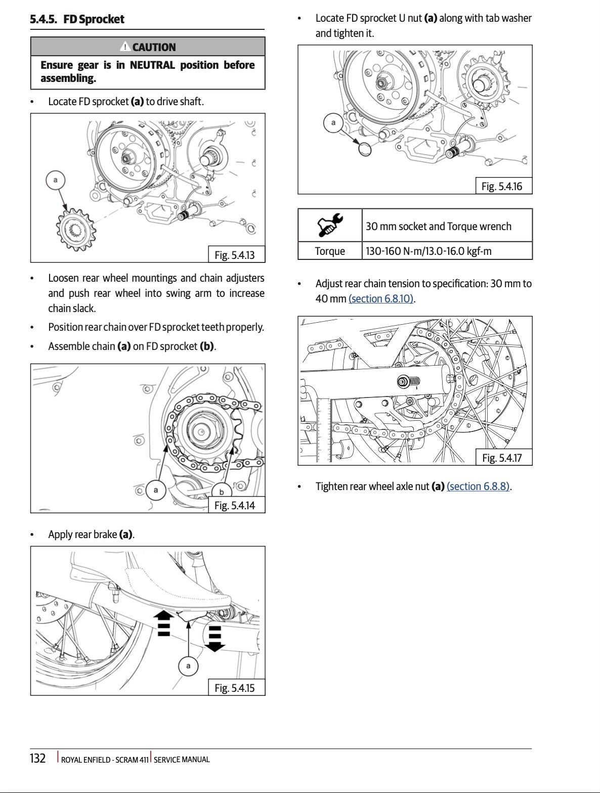 A page from a Royal Enfield-Scrambler service manual showing assembly and adjustment instructions for the FD sprocket, with labeled diagrams, torque values, and part location guides.