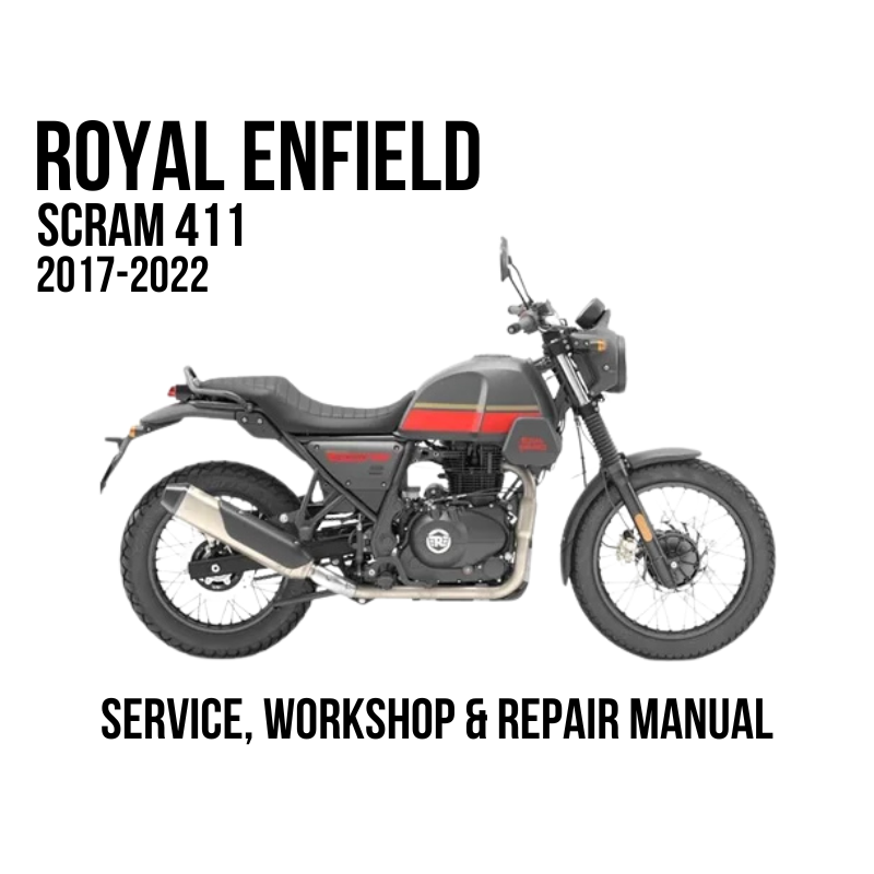 2022-2025 Royal Enfield Scram 411 motorcycle shown in side profile on a white background, with large black text reading 'SERVICE, WORKSHOP & REPAIR MANUAL' below.