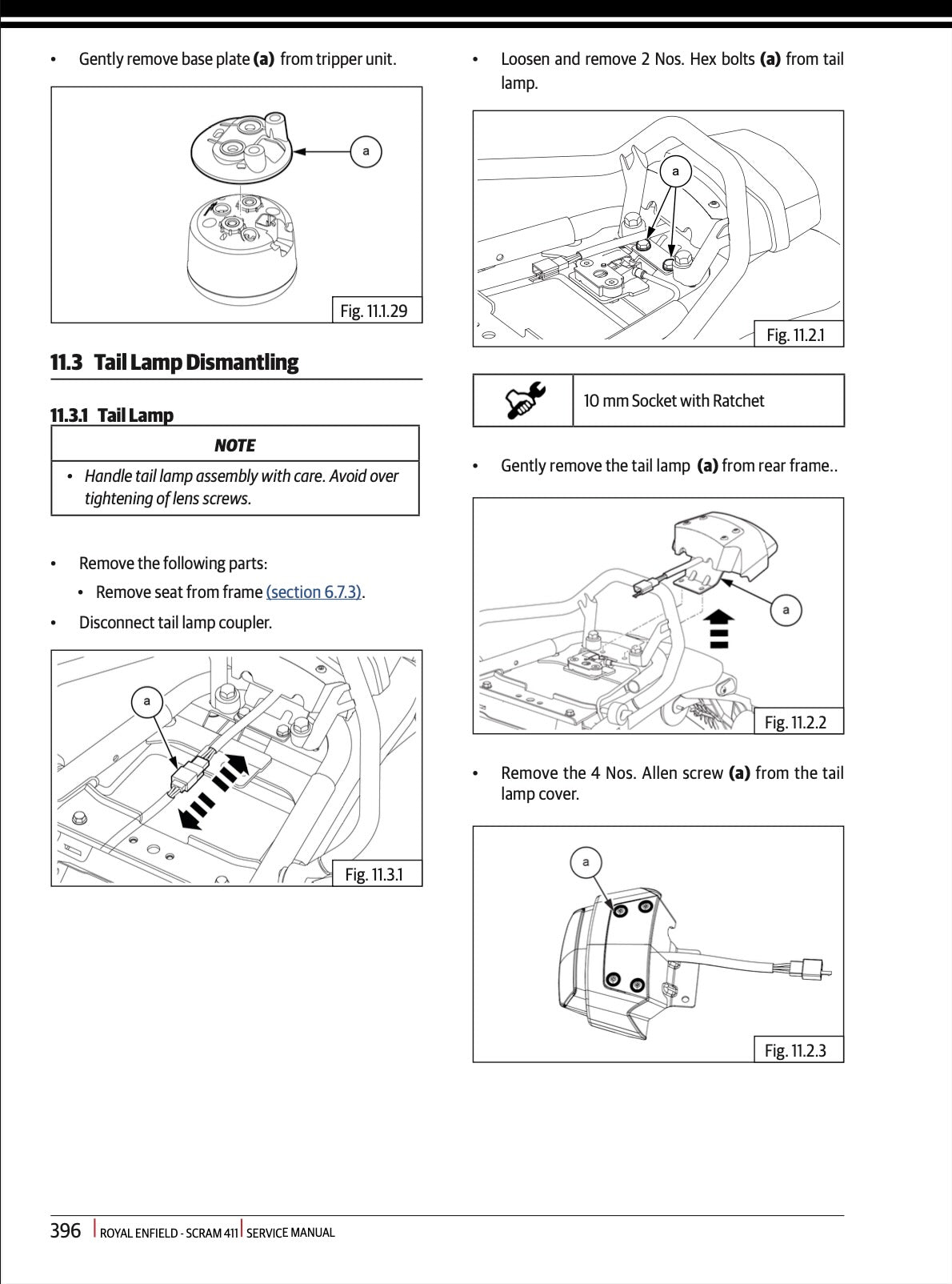A printed service manual page showing step-by-step instructions and diagrams for removing a tail lamp from a vehicle. The page contains text headings, bullet points, and five labeled technical illustrations with part callouts and tool references.
