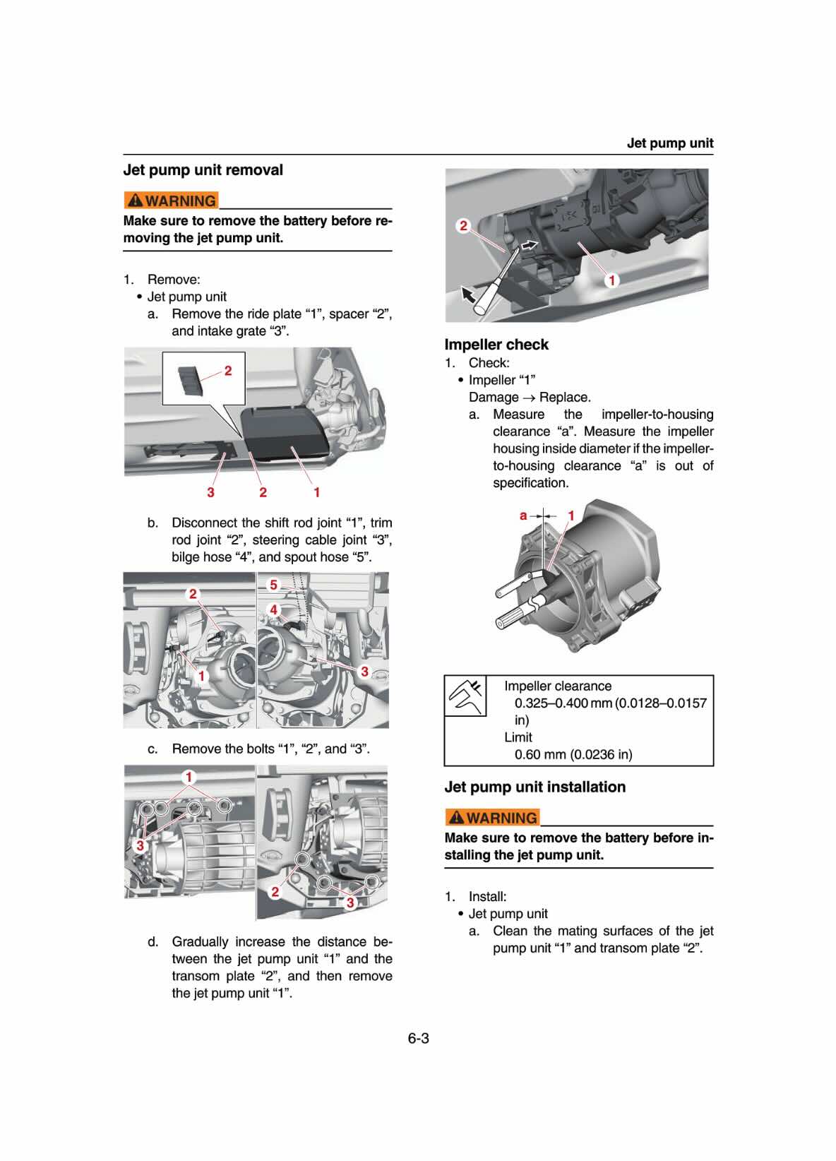 Yamaha JetBlaster service manual page with jet pump unit removal photos and impeller-to-housing clearance check