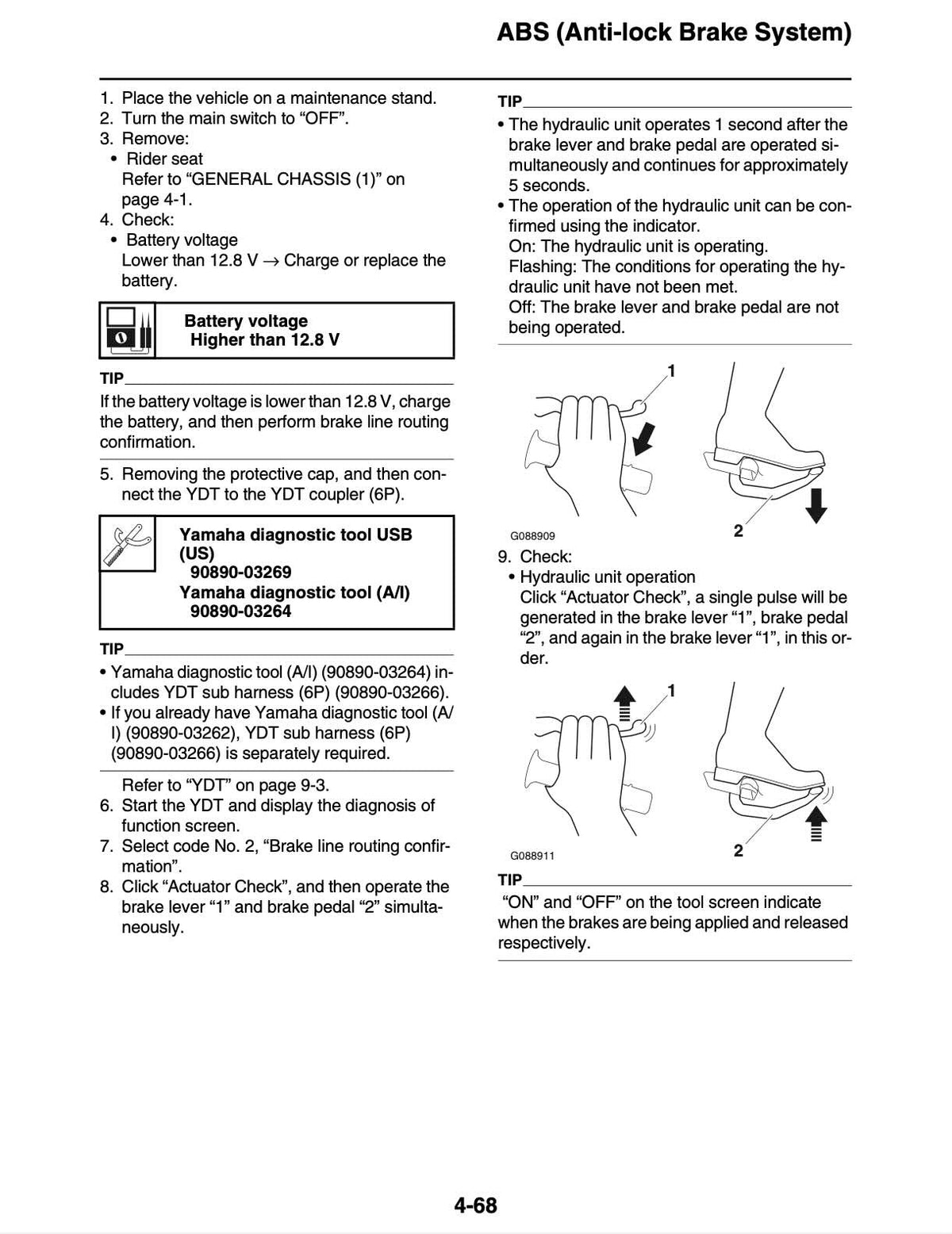 A printed instruction sheet for the ABS (Anti-lock Brake System) showing step-by-step connection and testing procedures with photos, diagrams, and notes on battery voltage and Yamaha diagnostic tools.