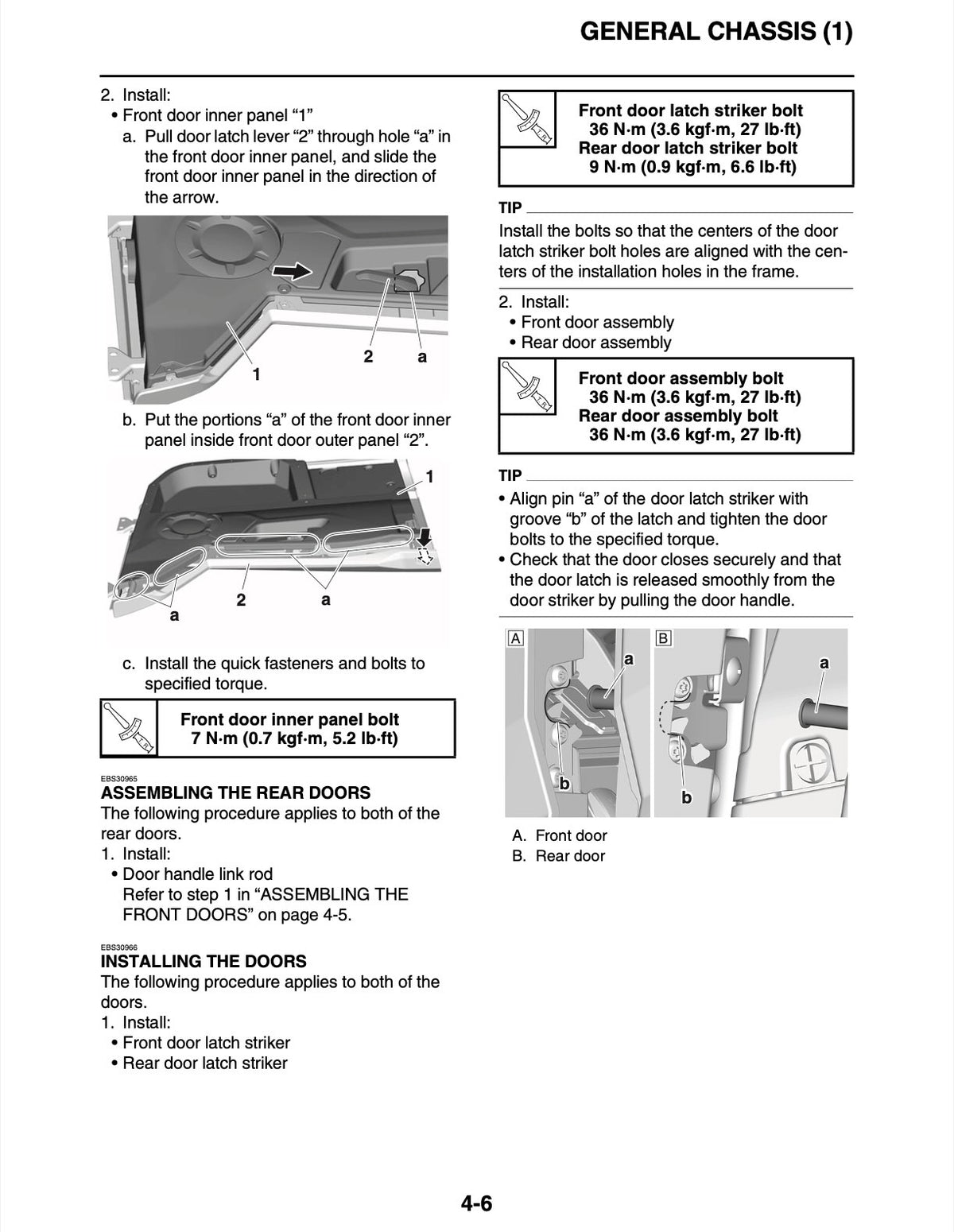 Instruction manual page for a General Chassis door latch striker assembly, showing step-by-step installation diagrams and torque specifications with small inset photos of the door latch components.