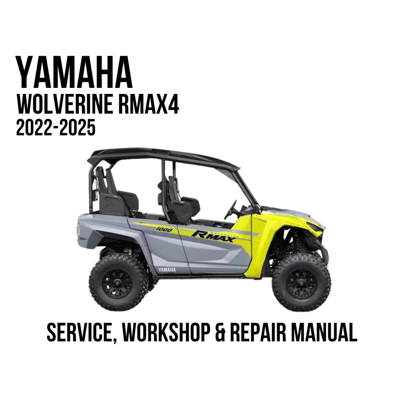 Yamaha Wolverine RMAX4 2022-2025 service, workshop, and repair manual cover featuring a side profile of the yellow and gray RMAX4 vehicle on a white background with black text.