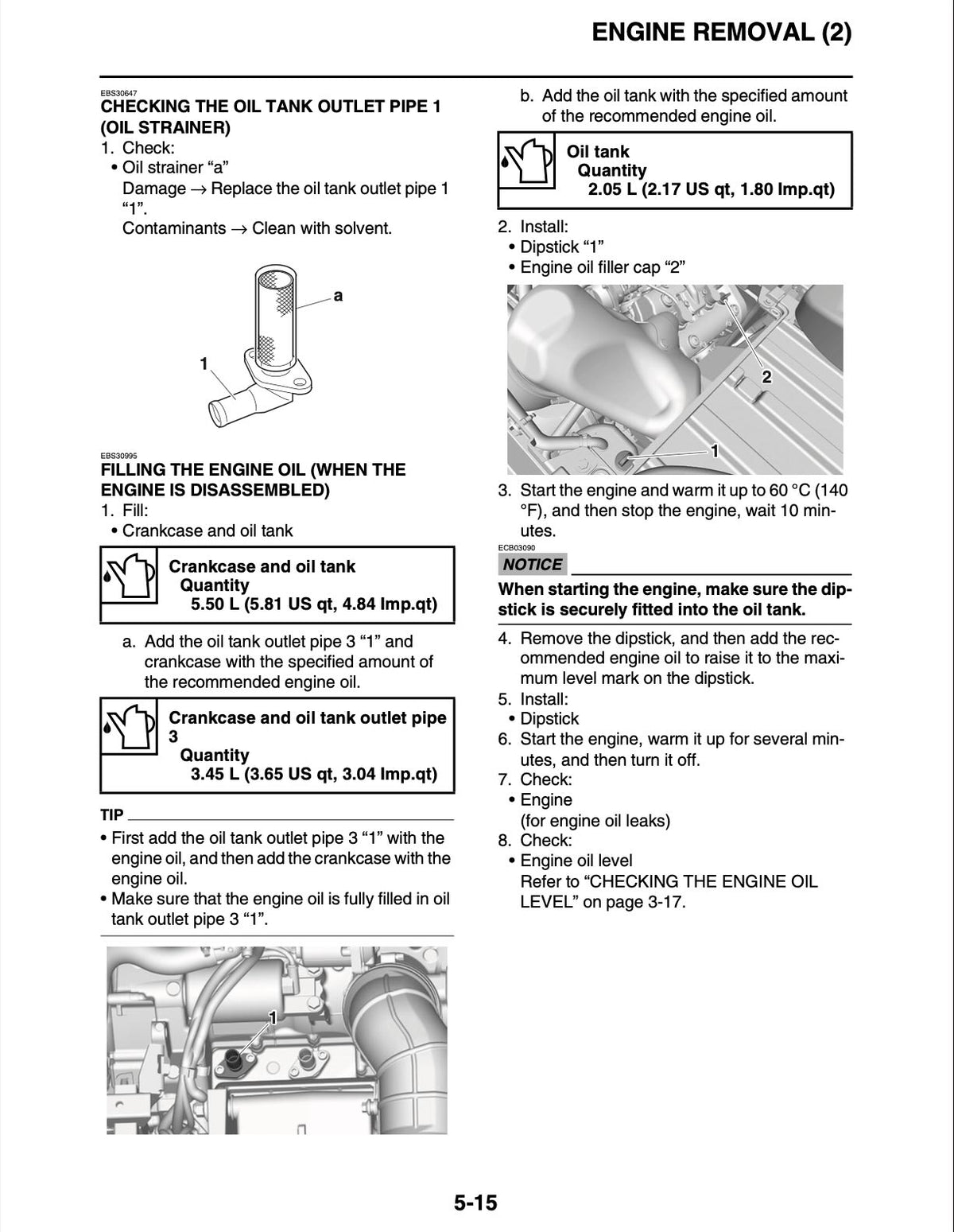 Yamaha Wolverine RMAX4 service manual page 5-15 showing oil strainer inspection and engine oil filling procedure with capacity specs